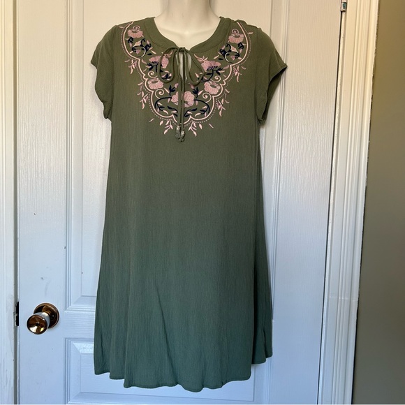 Miami Olive Dress with Pink and Purple Embroidery Flowy Small Rayon Polyester - Picture 2 of 10